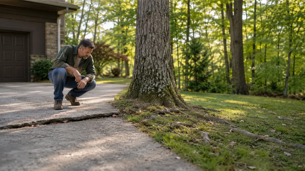 Learn how tree roots under driveway concrete can contribute to lifting, cracking, and uneven slabs, plus safer replacement planning around mature trees.