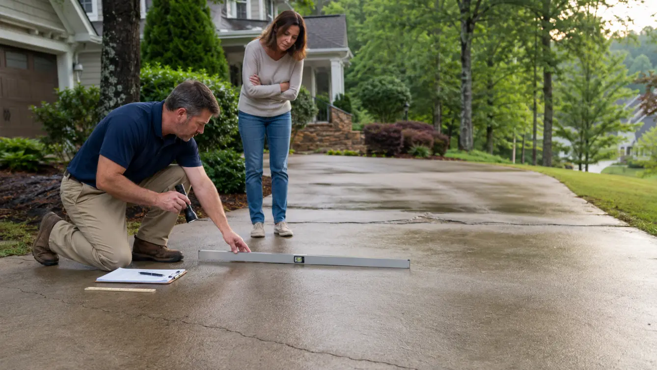 Learn which driveway crack warning signs suggest movement below the slab, when to monitor damage, and when to request an inspection.