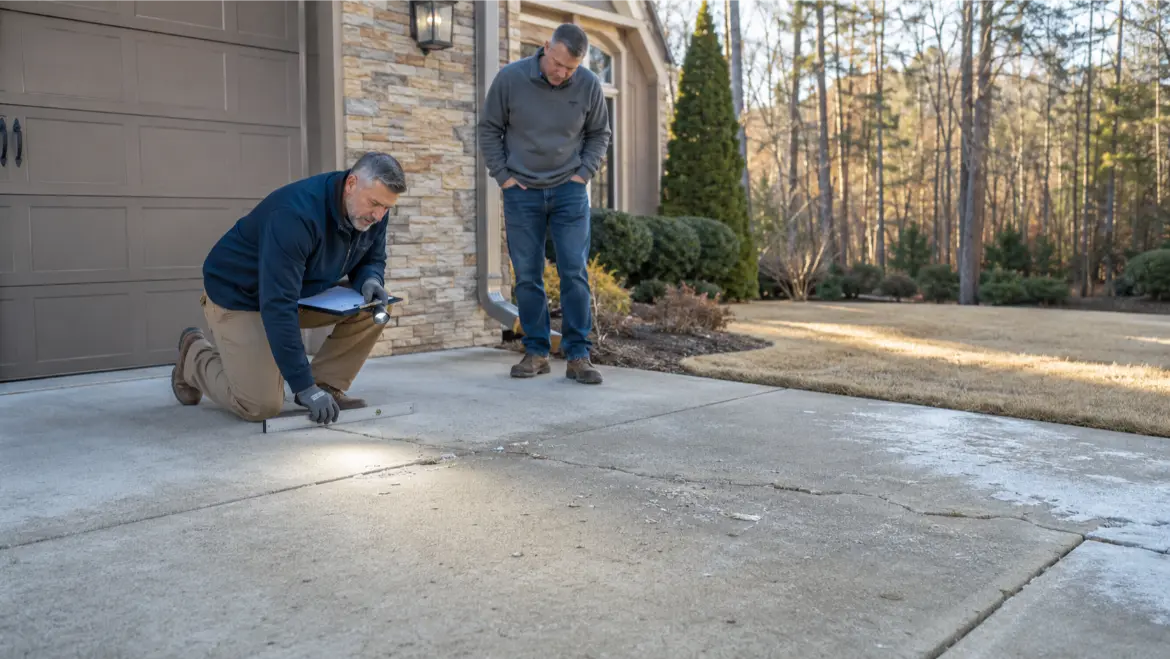 Learn how freeze thaw concrete damage causes driveway scaling, flaking, crack expansion, and moisture problems after North Georgia cold spells.